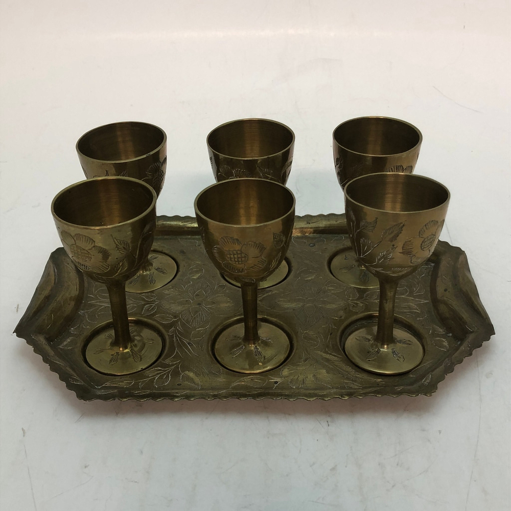 Vintage Indian Brass Cup Set with Tray